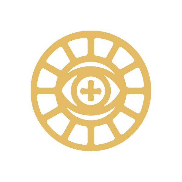 Gold emblem of an eye with a plus sign in the center inside a wheel
